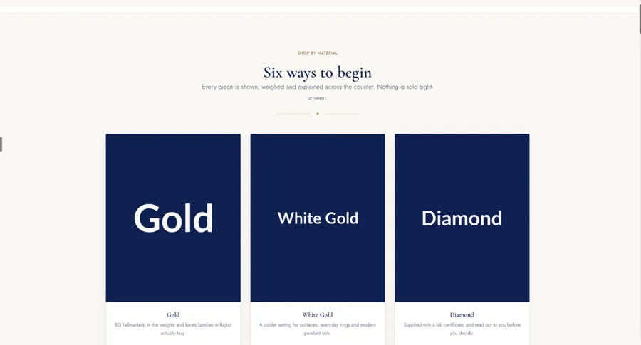 Drashti Jewels collections section headed &ldquo;Six ways to begin&rdquo; with category cards for Gold, White Gold and Diamond, each with a short description
