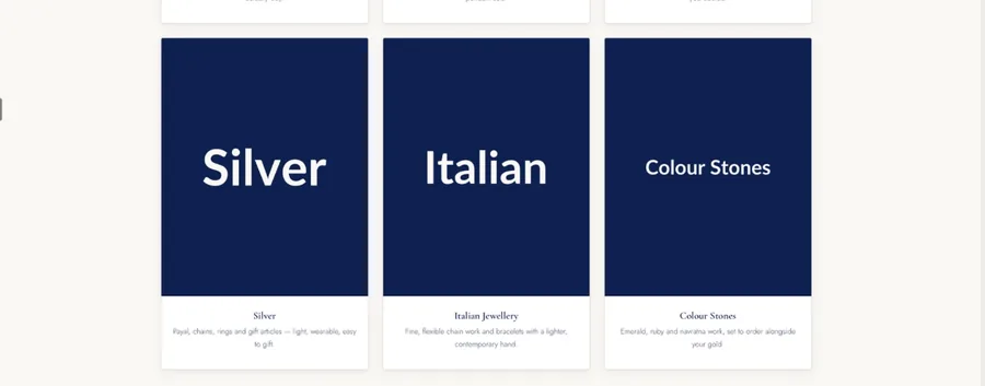Drashti Jewels collection cards for Silver, Italian and Colour Stones with short descriptions of each