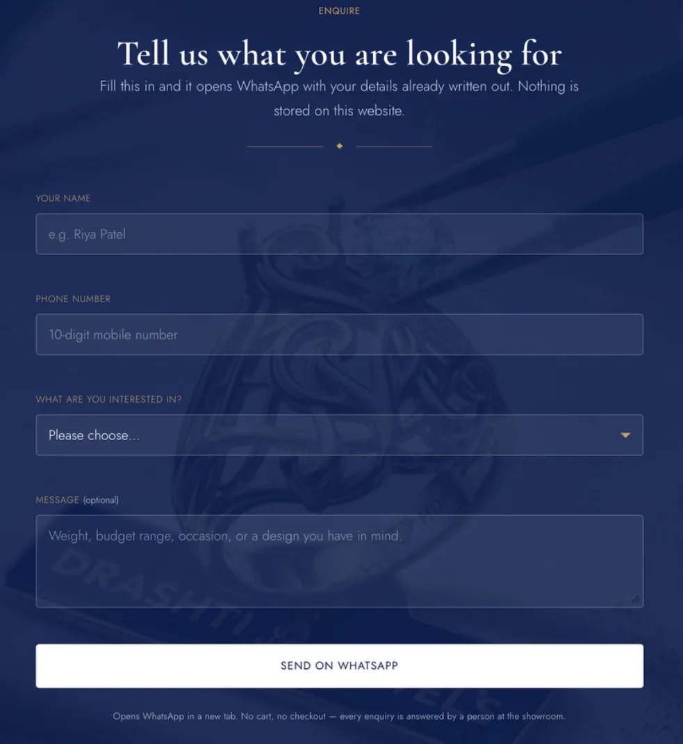 Drashti Jewels enquiry form headed &ldquo;Tell us what you are looking for&rdquo; with fields for your name, phone number, what you are interested in and an optional message, and a Send on WhatsApp button