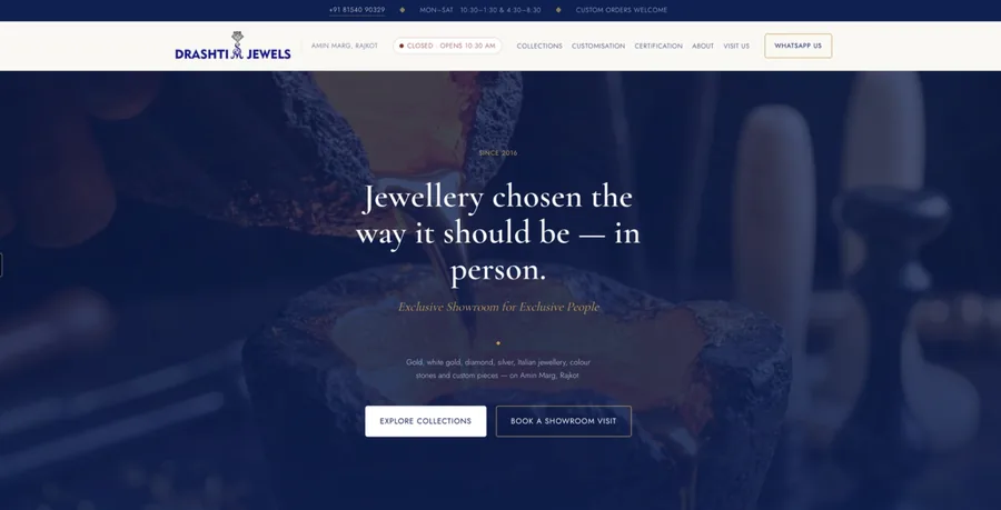 Drashti Jewels home page: the headline &ldquo;Jewellery chosen the way it should be &mdash; in person&rdquo; over a deep navy hero image, with the line &ldquo;Exclusive showroom for exclusive people&rdquo; and Explore collections and Book a showroom visit buttons