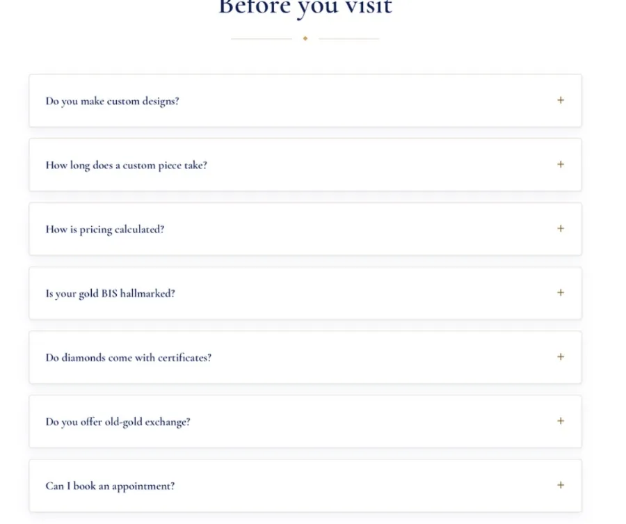 Drashti Jewels questions section headed &ldquo;Before you visit&rdquo; with an accordion of questions about custom designs, how long a custom piece takes, how pricing is calculated, BIS hallmarking, diamond certificates, old-gold exchange and booking an appointment
