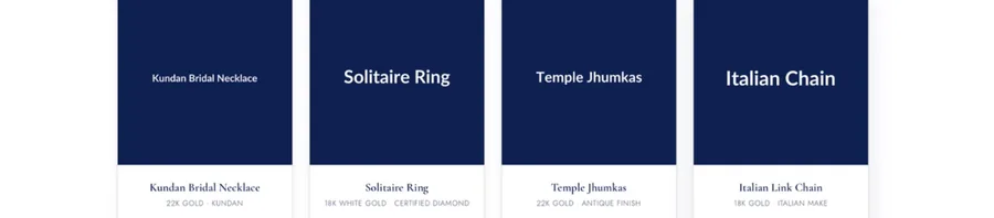 Drashti Jewels product cards showing Kundan Bridal Necklace in 22K gold and kundan, Solitaire Ring in 18K white gold with a certified diamond, Temple Jhumkas in 22K gold with an antique finish, and an Italian Link Chain in 18K gold