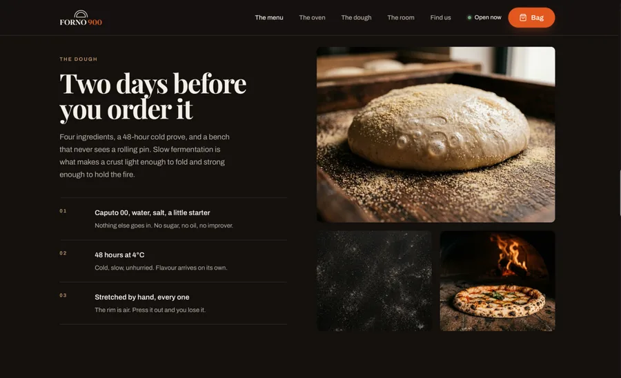 FORNO 900 dough section with the headline &ldquo;Two days before you order it&rdquo;, three numbered steps on the left and a mosaic of dough and oven photographs on the right