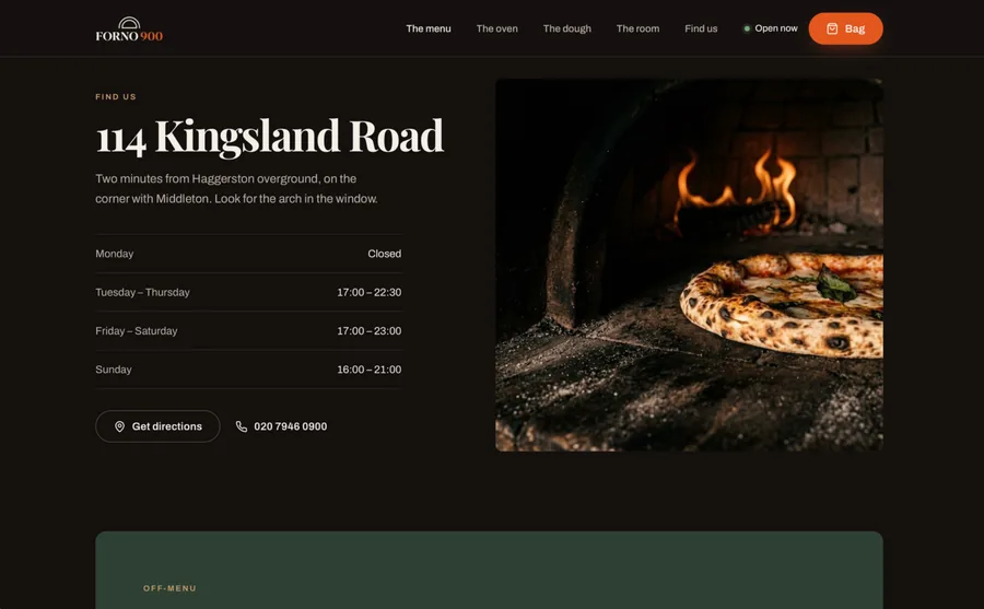 FORNO 900 find us section showing the address 114 Kingsland Road, opening hours listed by day, a get directions button and a tap-to-call number beside a photograph of a pizza in the oven