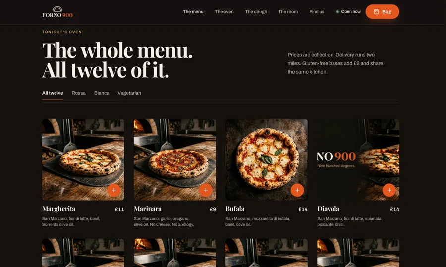 FORNO 900 menu page showing the headline &ldquo;The whole menu. All twelve of it.&rdquo;, filter tabs for all twelve, rossa, bianca and vegetarian, and a photographic grid of pizza cards with prices and an add button on each