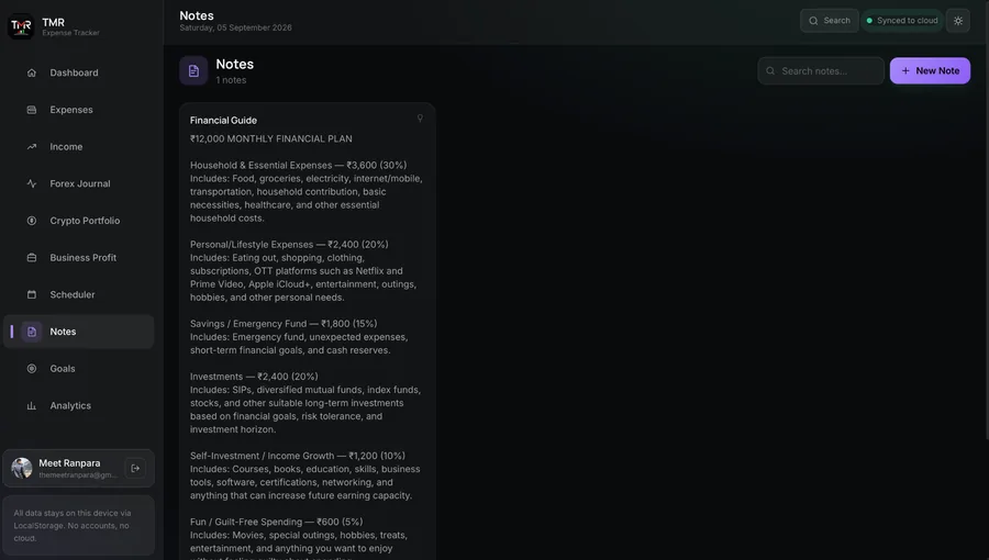Notes screen with a searchable list of notes and a long financial plan note open beside it